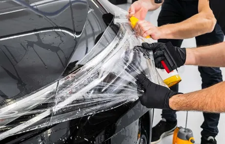 Installer's hands stretching clear protection film over the edge of a white car panel