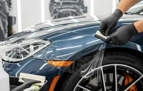 Hand lifting the edge of clear protection film on the hood of a grey car